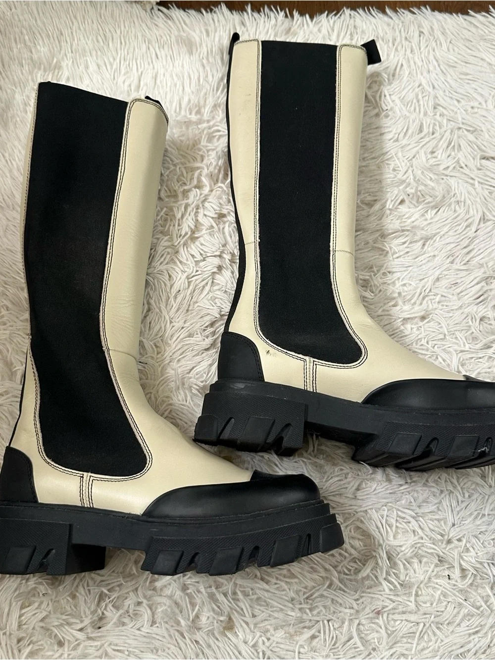 GANNI Off-White Leather Tall Chelsea Boots Knee High Ivory 40